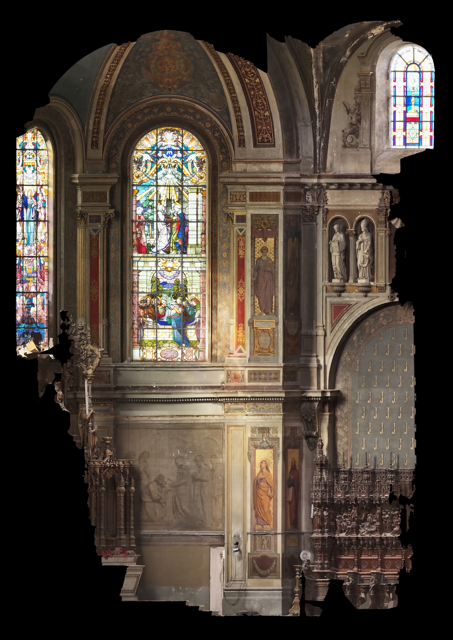 Orthoimage (coupe longitudinale gauche) de l’église Notre Dame des Anges à Tourcoing réalisé par Atelier Sauvegarde
