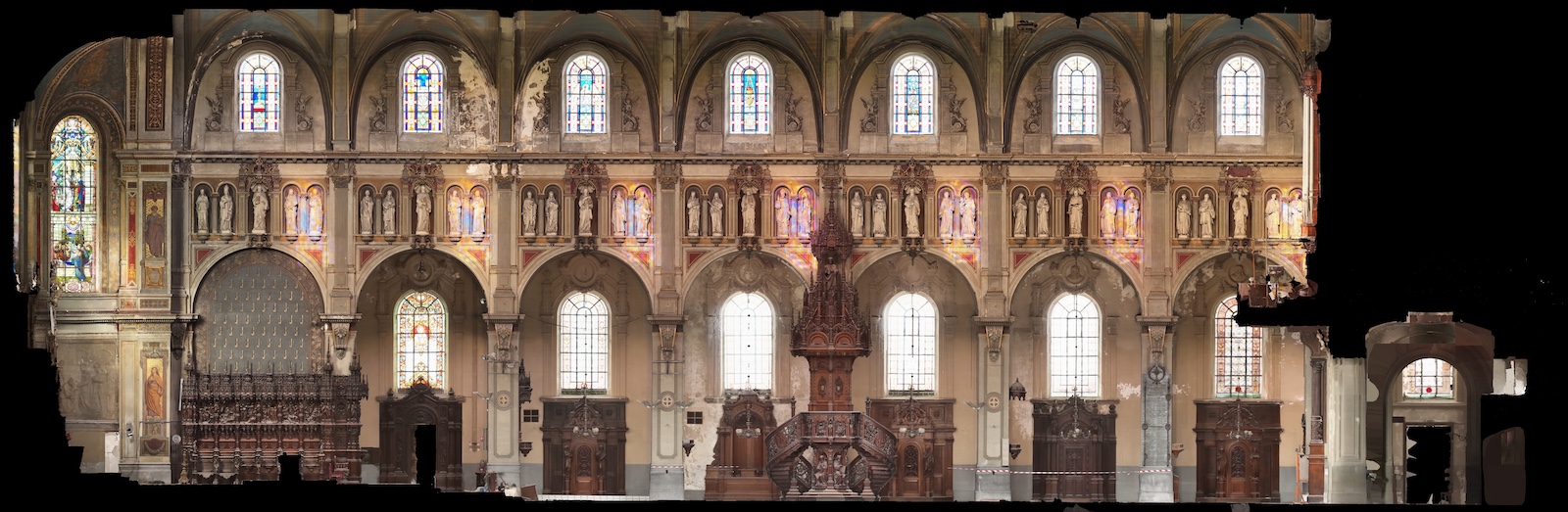Orthoimage (coupe longitudinale) de l’église Notre Dame des Anges à Tourcoing réalisé par Atelier Sauvegarde